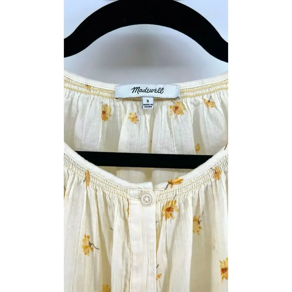 Madewell French Daisies Smocked Cotton Button Up Peasant Top Blouse Size S